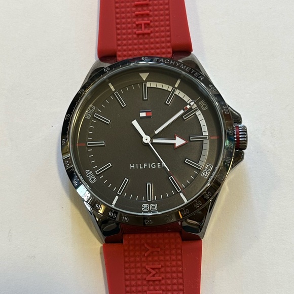 Tommy Hilfiger Watch With 44mm Gunmetal Grey Face & Red Silicone Band